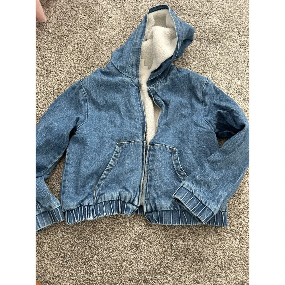 Cat And Jack Girls Denim Sherpa Jacket Hooded Sherpa Lined Size Large 10/12